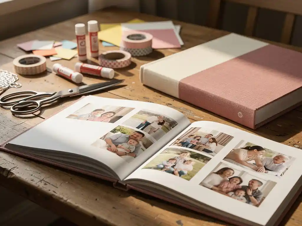 Half-finished DIY photo book with scattered scissors, glue sticks, and printed photos beside a polished professional photo book on a wooden table.