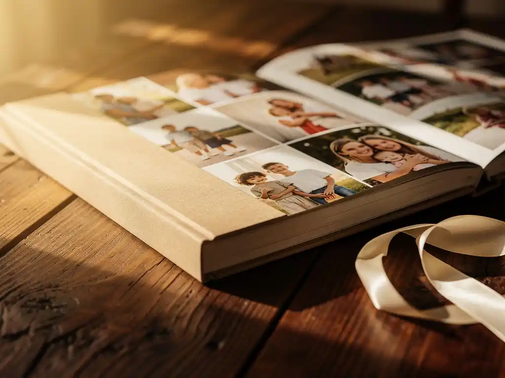 Open kraft paper photo book on walnut wood table with candid family photos, satin ribbon, and warm golden afternoon light.