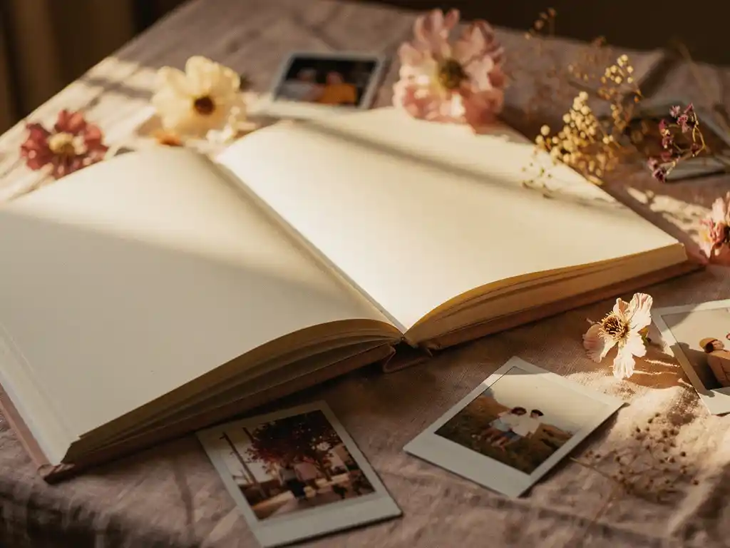 Open photo book on linen surrounded by Polaroid prints and dried pressed flowers in warm golden afternoon light.