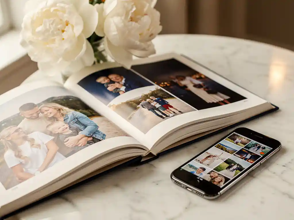 Open hardcover photo book on marble surface displaying travel and family photos, beside a smartphone showing memories, with soft white peonies nearby.