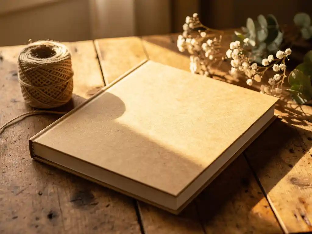 Livro de fotos embrulhado em papel kraft sobre uma mesa rústica de madeira com carretel de barbante e flores secas em luz dourada quente da tarde.