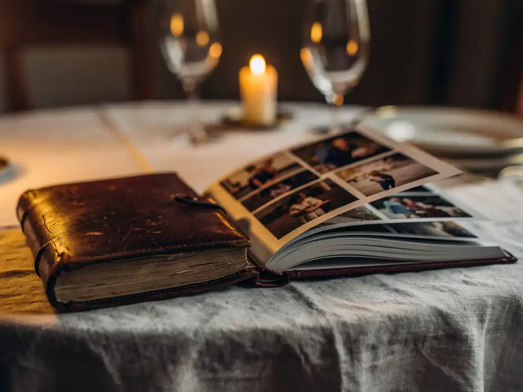 Worn leather journal and handcrafted photo book open on linen tablecloth, printed photographs spilling out, candlelit dinner with wine glasses softly blurred behind.