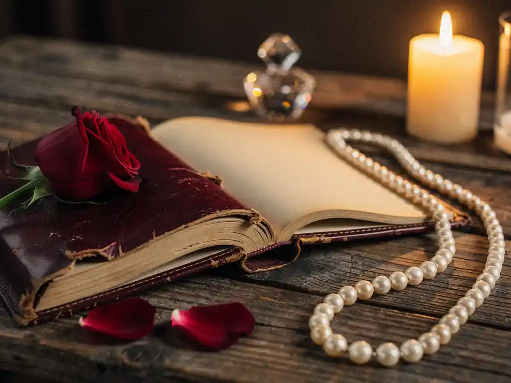 Worn leather photo album open on a rustic table with a red rose, pearl necklace, and crystal keepsake in warm candlelight.