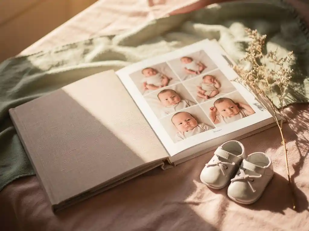 Linen-covered newborn photo book open on a pastel nursery blanket beside tiny baby shoes and a dried flower sprig in warm golden light.