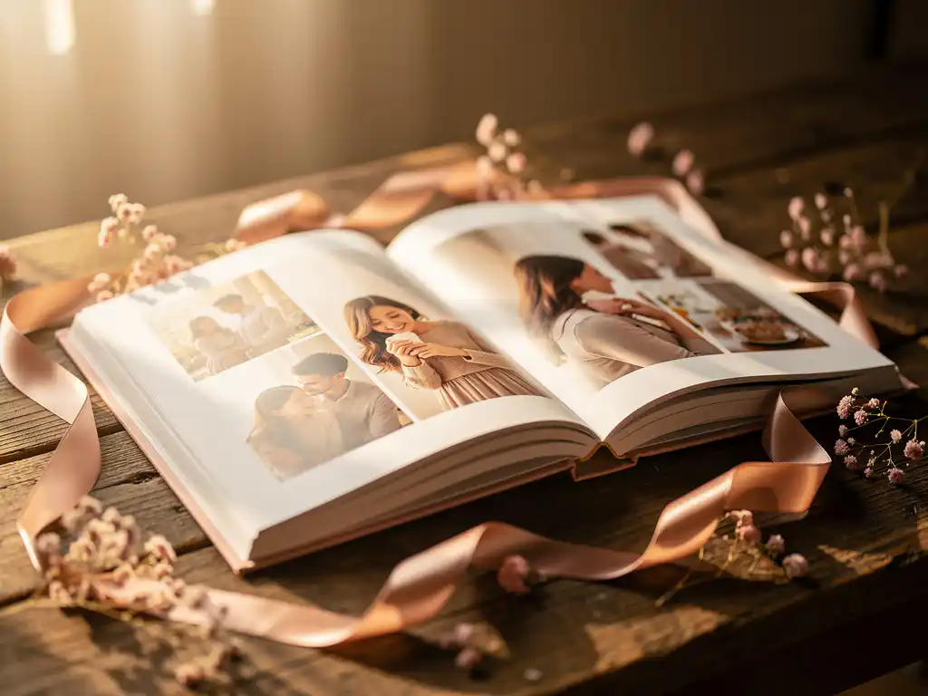 Open photo book on rustic wood table, warm personal photos on pages, surrounded by ribbon bow and dried flowers in golden afternoon light.