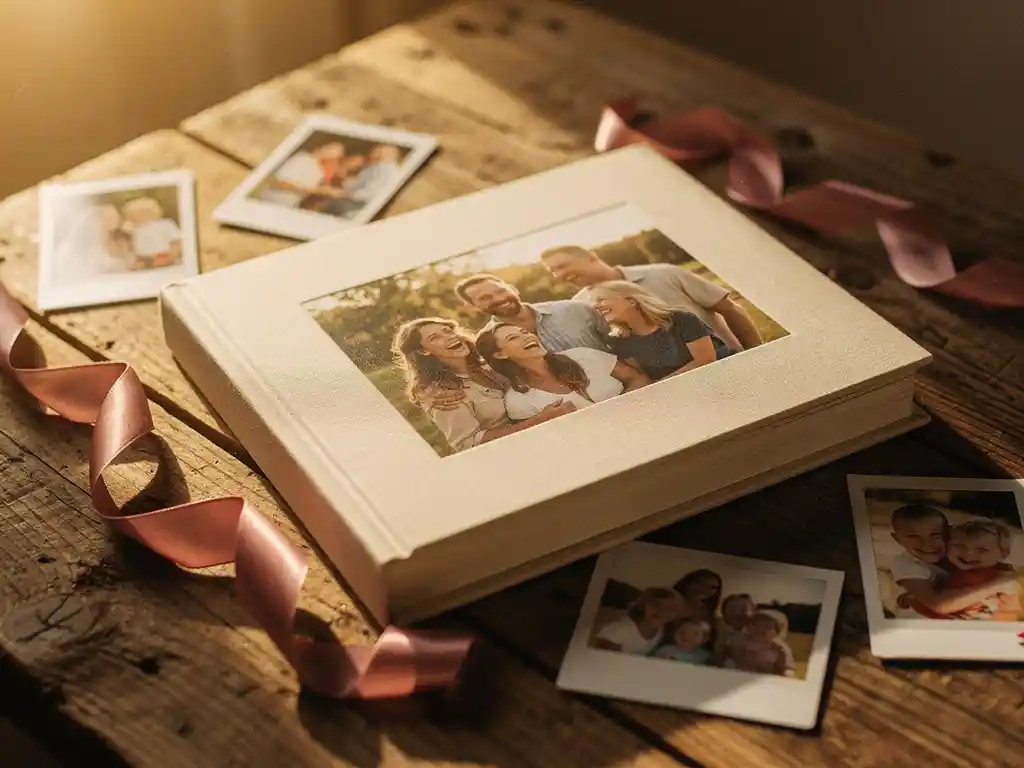 Wrapped photo book on rustic wood surrounded by scattered Polaroids and a ribbon, bathed in warm golden afternoon light.