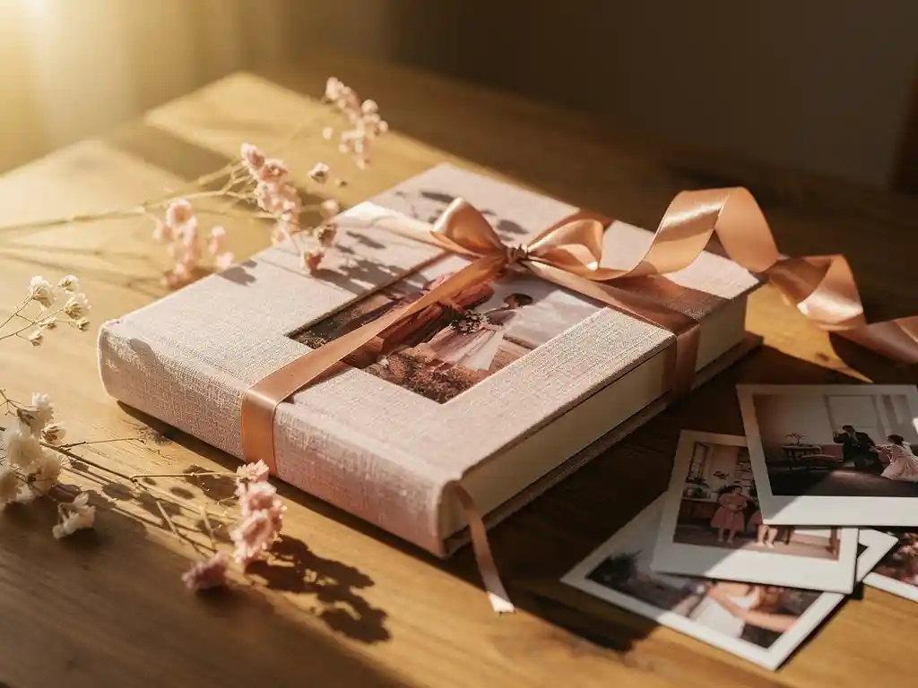 Open linen photo book on oak surface with dried flowers, satin ribbon, and loose printed photographs in warm golden afternoon light.