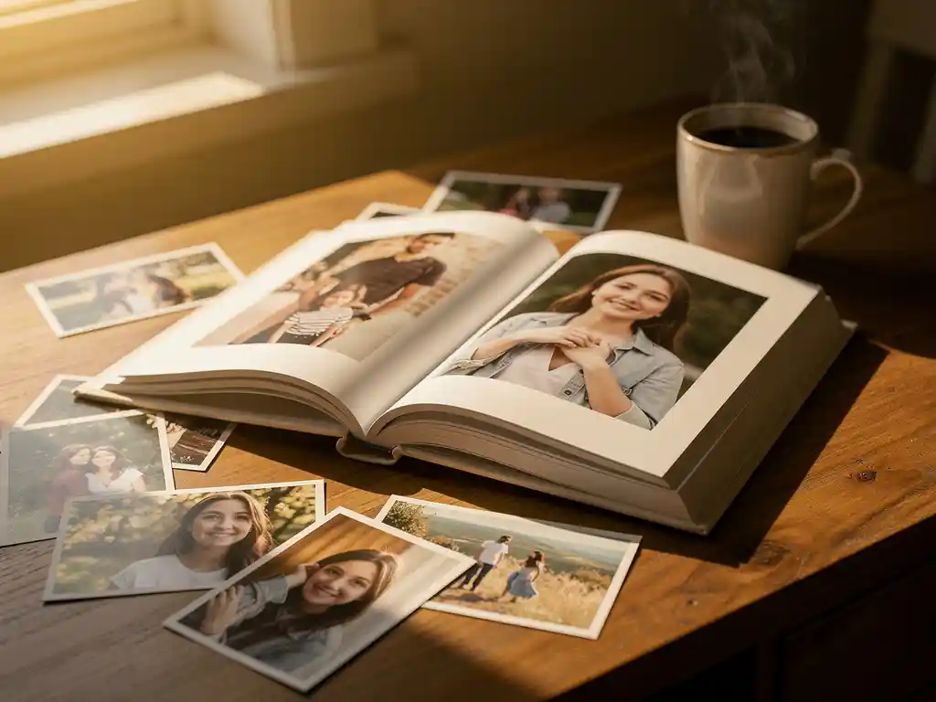Libro fotografico aperto su una scrivania di legno con fotografie stampate e una tazza di caffè fumante nella calda luce del pomeriggio.