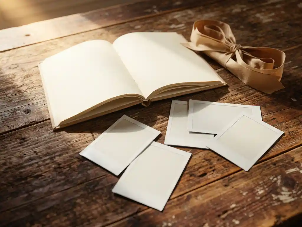 Open photo book on rustic wooden table surrounded by Polaroid prints and kraft paper ribbon in warm afternoon light.