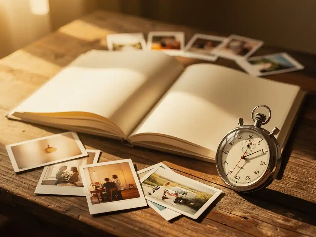 Open photo book on warm wood surface surrounded by glossy prints and analog stopwatch, bathed in golden afternoon light.