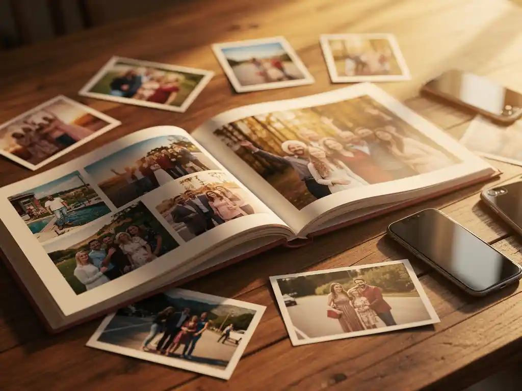 Open photo book on oak table surrounded by shared snapshots of celebrations, travel, and family moments in warm golden afternoon light.