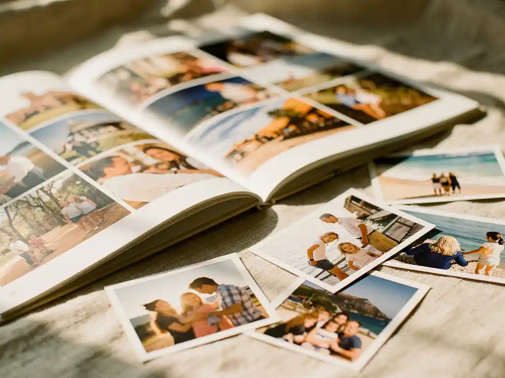 Open photo book on linen surface displaying travel and family memories, surrounded by glossy printed photos in warm afternoon light.