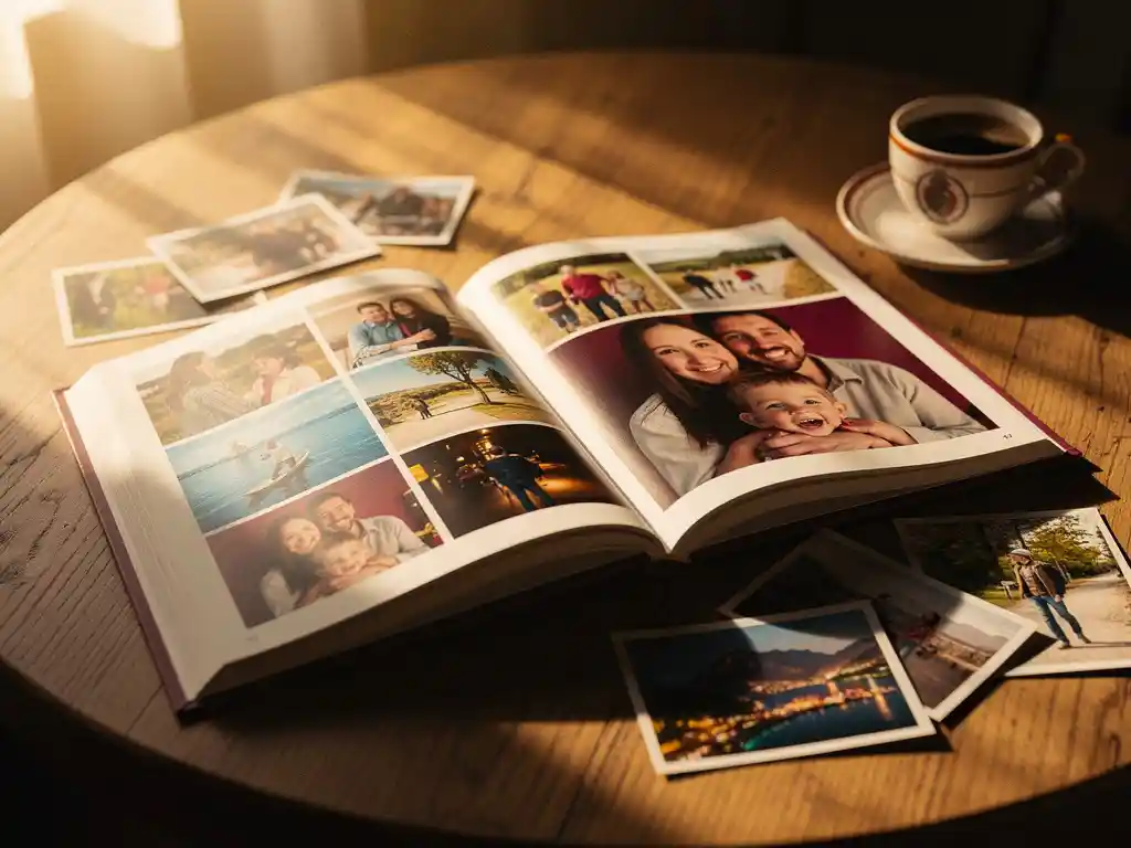 Open photo book displaying travel and family photos on a warm oak table, with loose prints and a coffee cup in soft golden afternoon light.