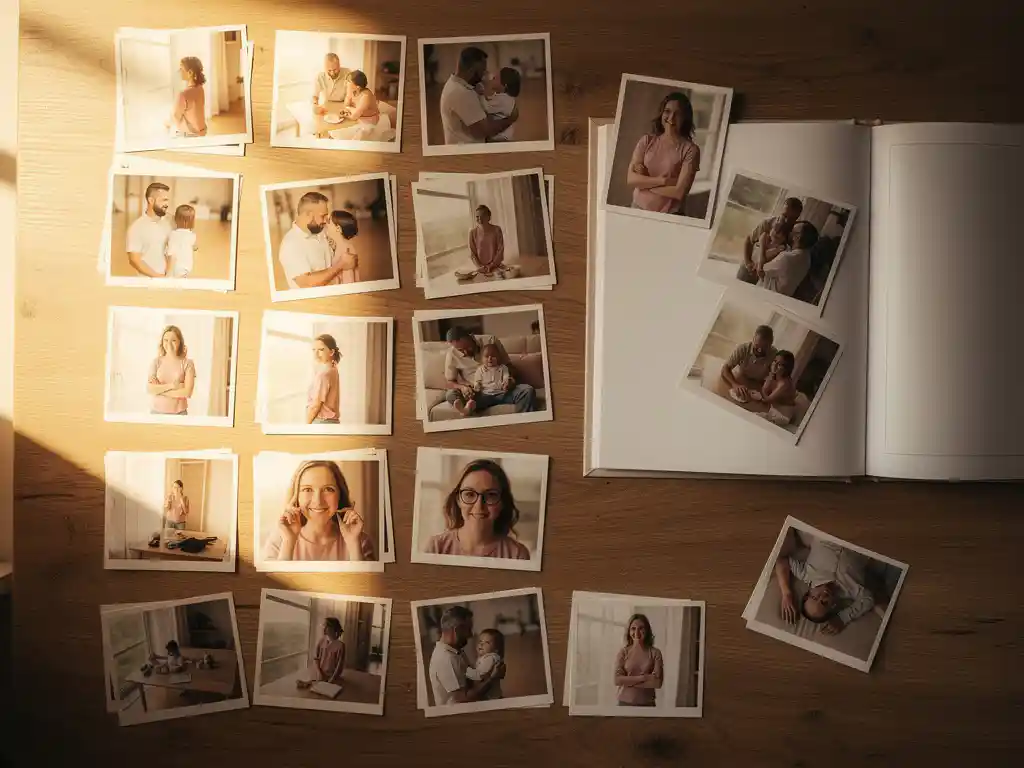 Printed photographs arranged in chronological rows on an oak desk beside an open photo book, bathed in warm golden afternoon light.
