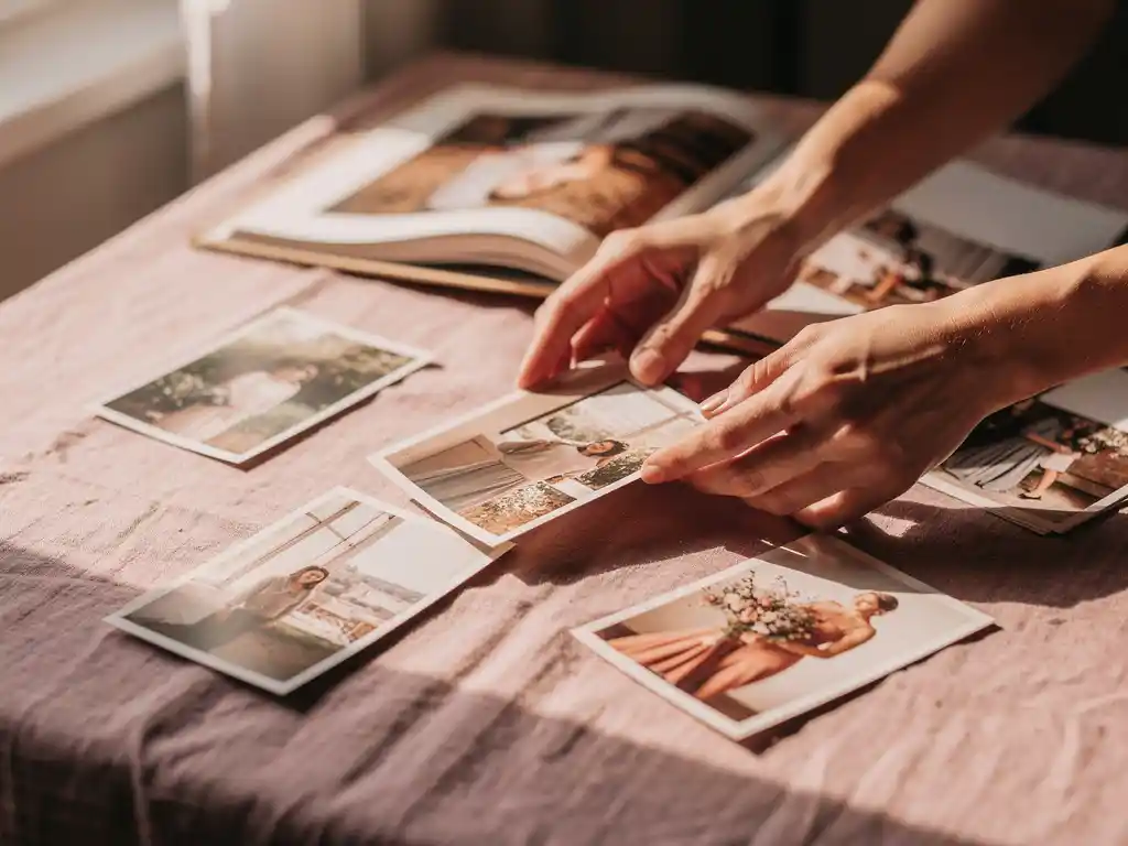 Hands arranging printed photos on linen beside an open photo book in warm cream, rose, and amber tones with soft natural light.