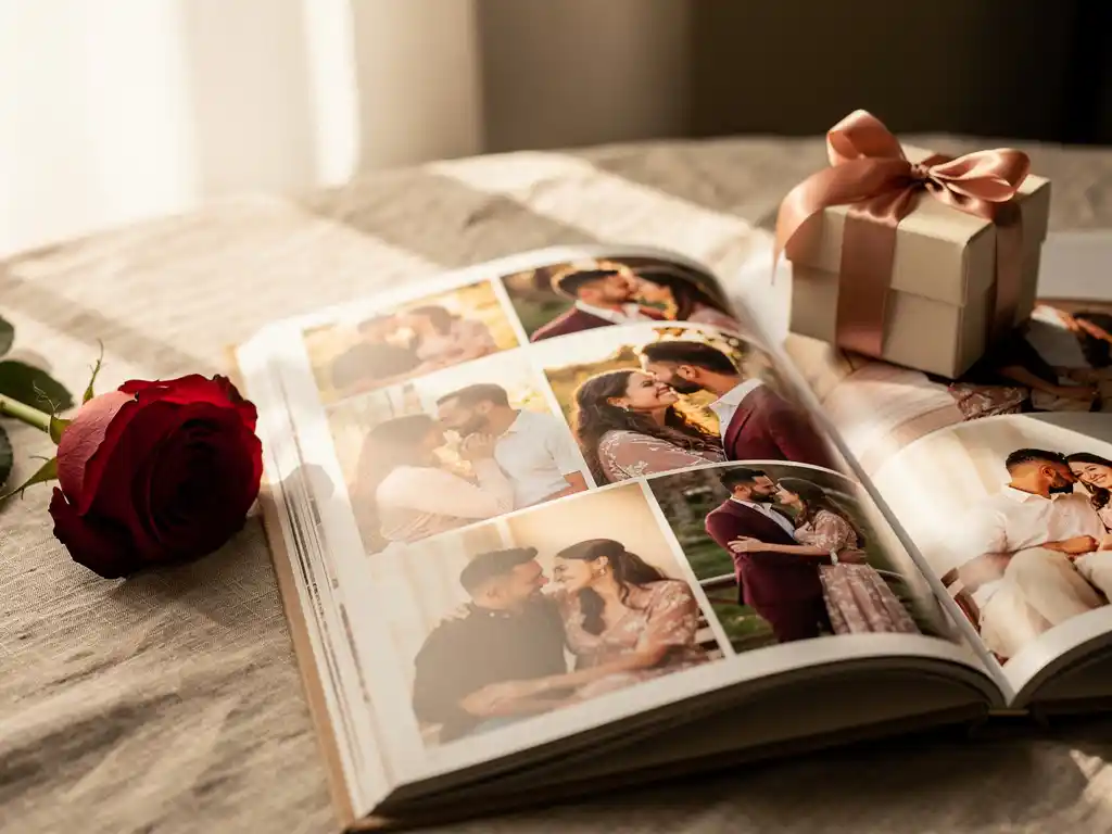 Open photo book with candid couple portraits beside a red rose and ribbon-wrapped gift on linen, bathed in warm afternoon light.