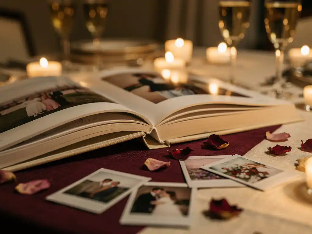 Handcrafted photo book open on a candlelit dinner table surrounded by polaroids and dried rose petals, champagne glasses softly blurred in background.