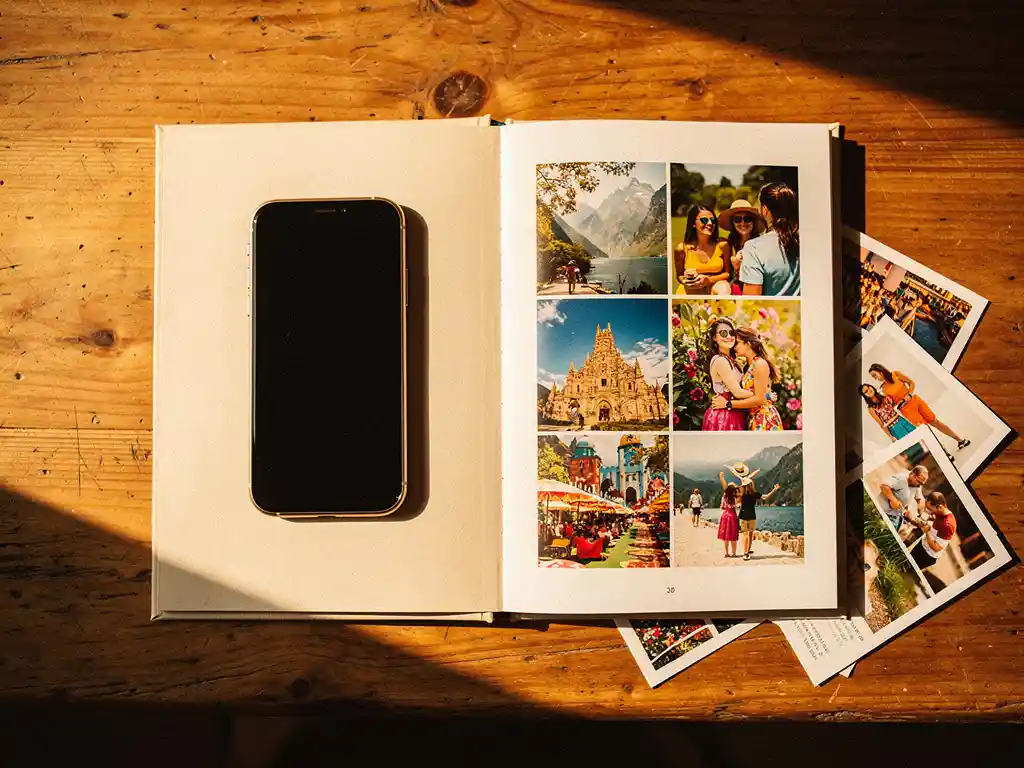 Smartphone and open travel photo book with scattered loose photographs on a warm wooden surface in soft afternoon sunlight.