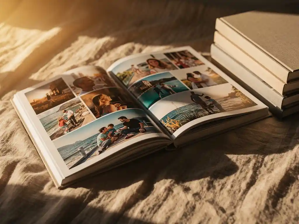 Open photobook displaying vivid travel and family photos on linen surface, with stacked photobooks beside it in warm golden afternoon light.