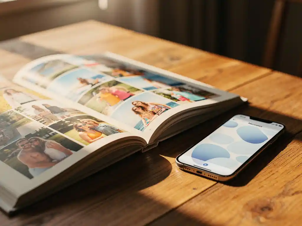 Open fotoboek met levendige vakantiekiekjes op eikenhouten tafel naast een smartphone die Facebook-herinneringen toont, warm middaglicht.