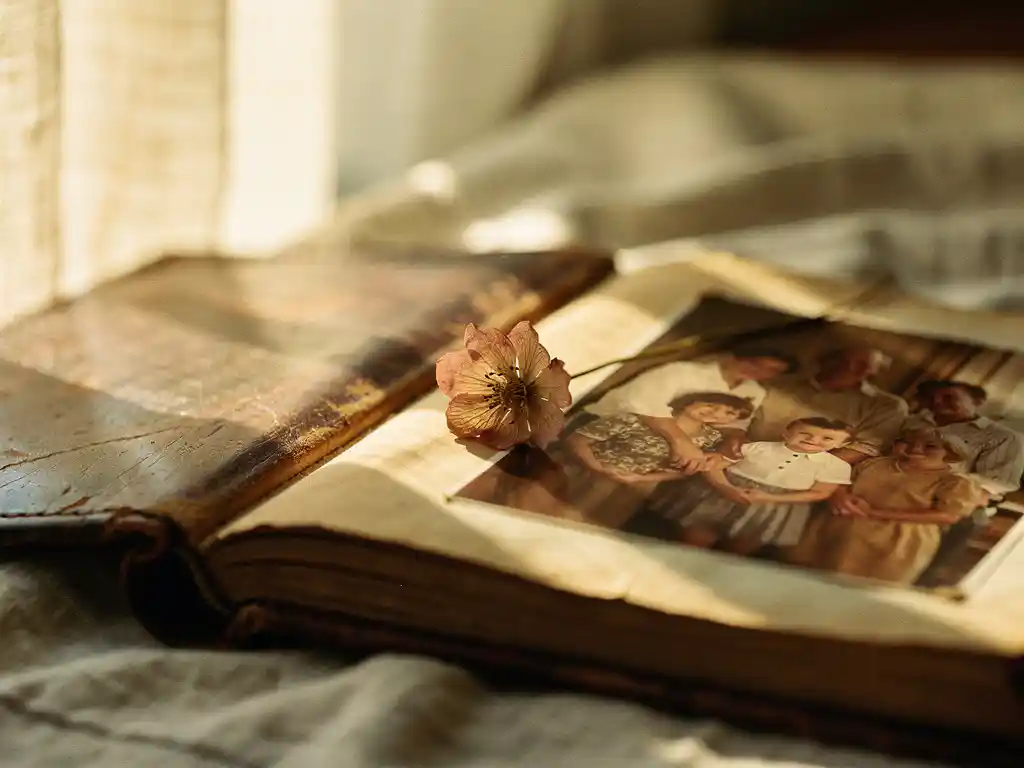 Worn leather photo album open to faded family gathering photos, dried pressed flower resting across pages in warm golden afternoon light.