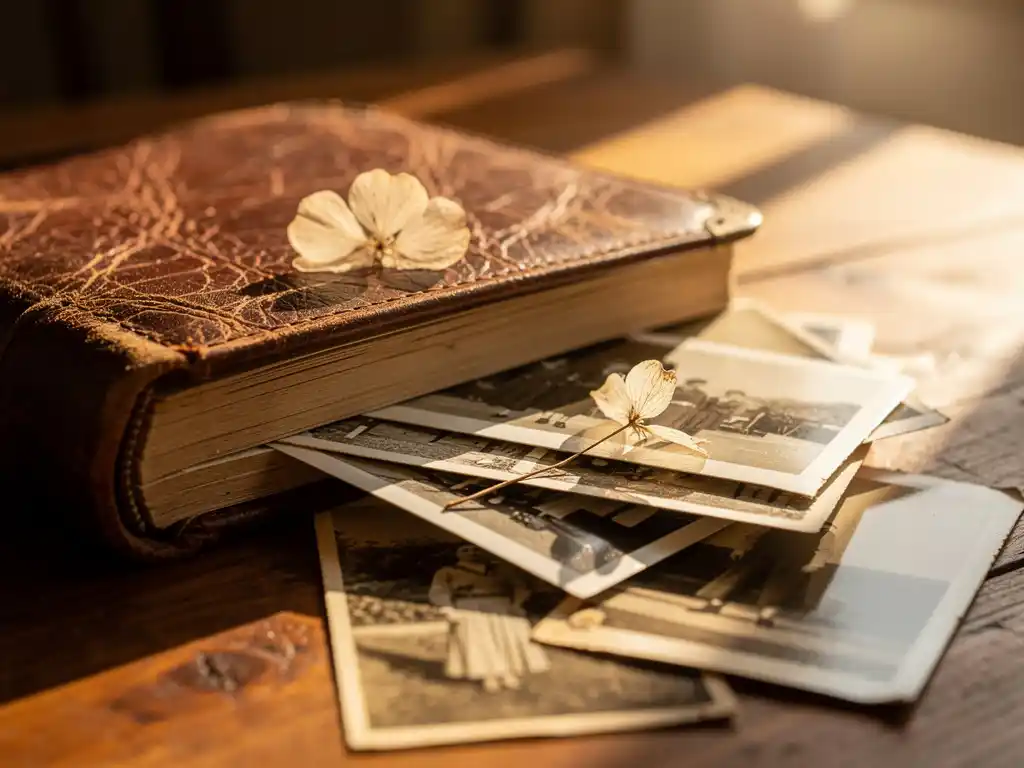 Worn leather photo album open on sunlit wooden table, vintage photographs and dried pressed flower tucked between pages, warm golden light.