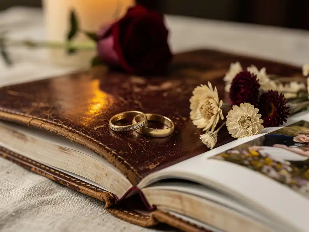 Weathered leather wedding photo album open on linen cloth, vintage rings and dried pressed flowers beside it, warm candlelight illuminating glossy memory pages.