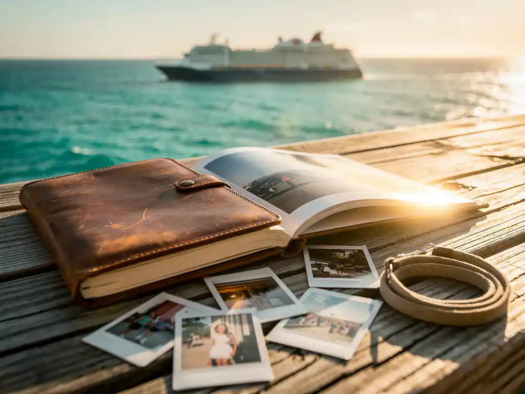 Worn leather travel journal and printed photo book open on a sun-bleached cruise ship deck railing, polaroids scattered nearby, golden-hour ocean horizon behind.