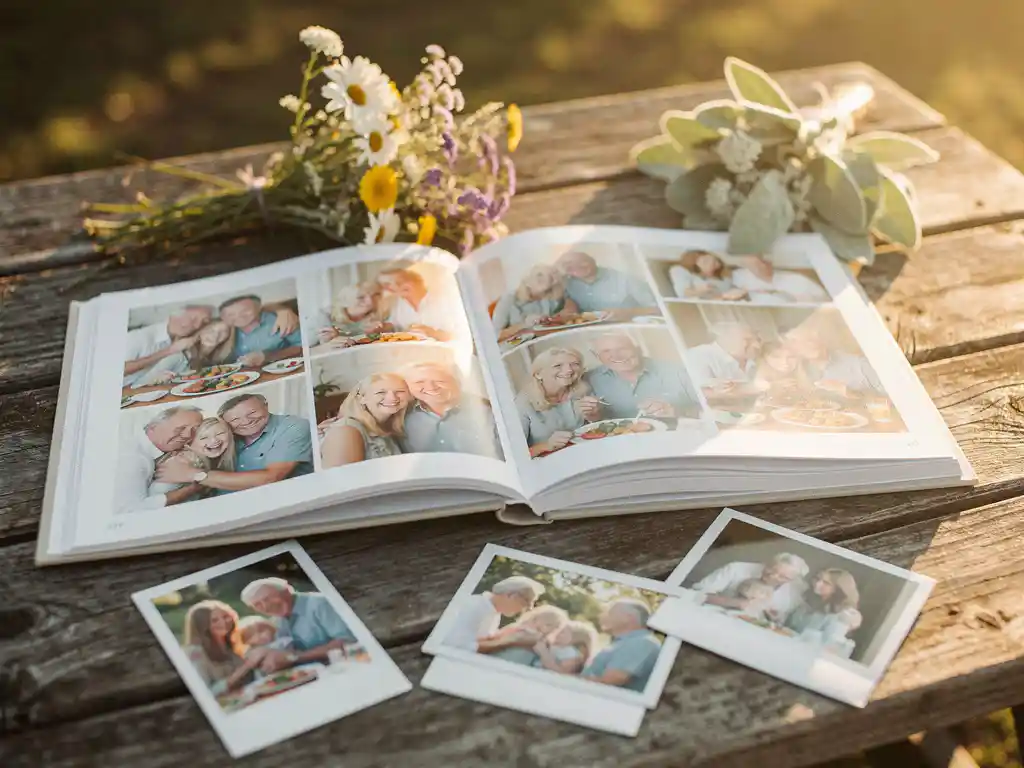Open photo book displaying family reunion candid shots on a rustic picnic table, surrounded by polaroids and wildflowers in warm golden-hour light.