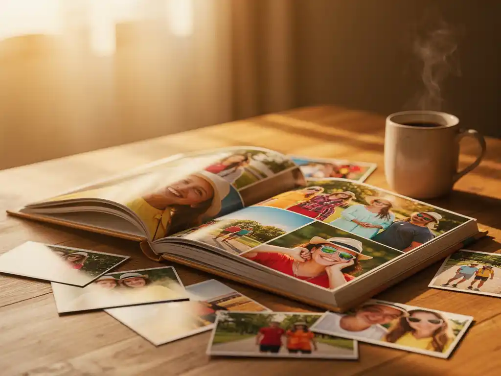 Open holiday photo book on wooden table with loose vacation prints and steaming coffee mug in warm afternoon light.