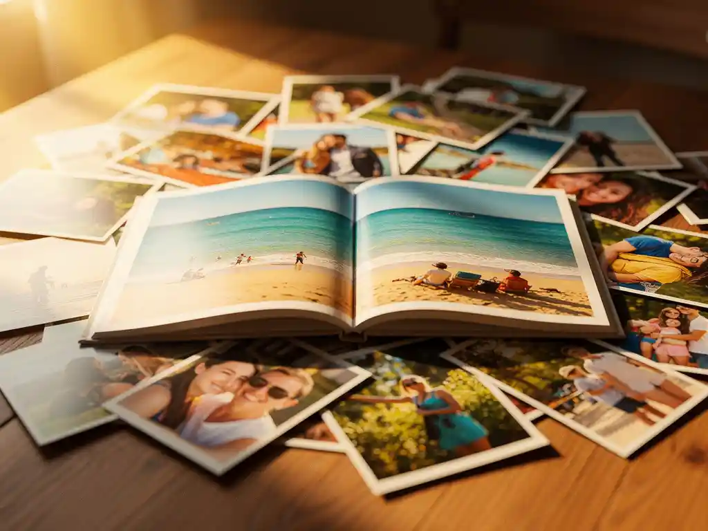 Offenes Fotobuch mit einer Strandurlaubs-Doppelseite, umgeben von einem Stapel bunten Urlaubsreise-Abzügen auf einem warmen Holztisch.