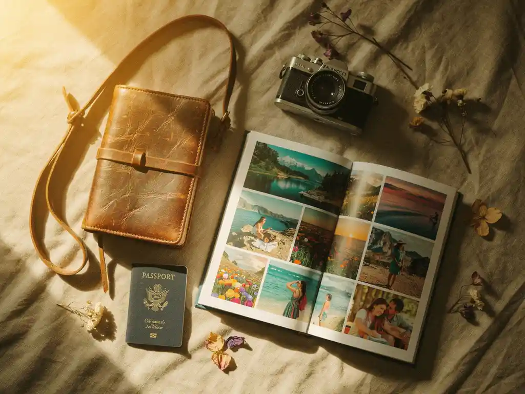 Journal de voyage en cuir et passeport à côté d'un livre photo ouvert avec des étalages de vacances, un appareil photo vintage et des fleurs séchées sur du lin dans une lumière chaude de l'après-midi.