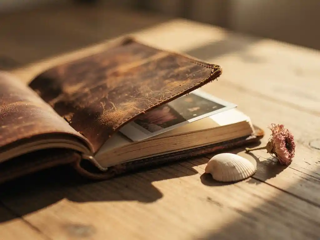 Weathered leather travel journal open on a sunlit wooden table, with a faded polaroid, seashell, and dried flower in warm golden-hour light.
