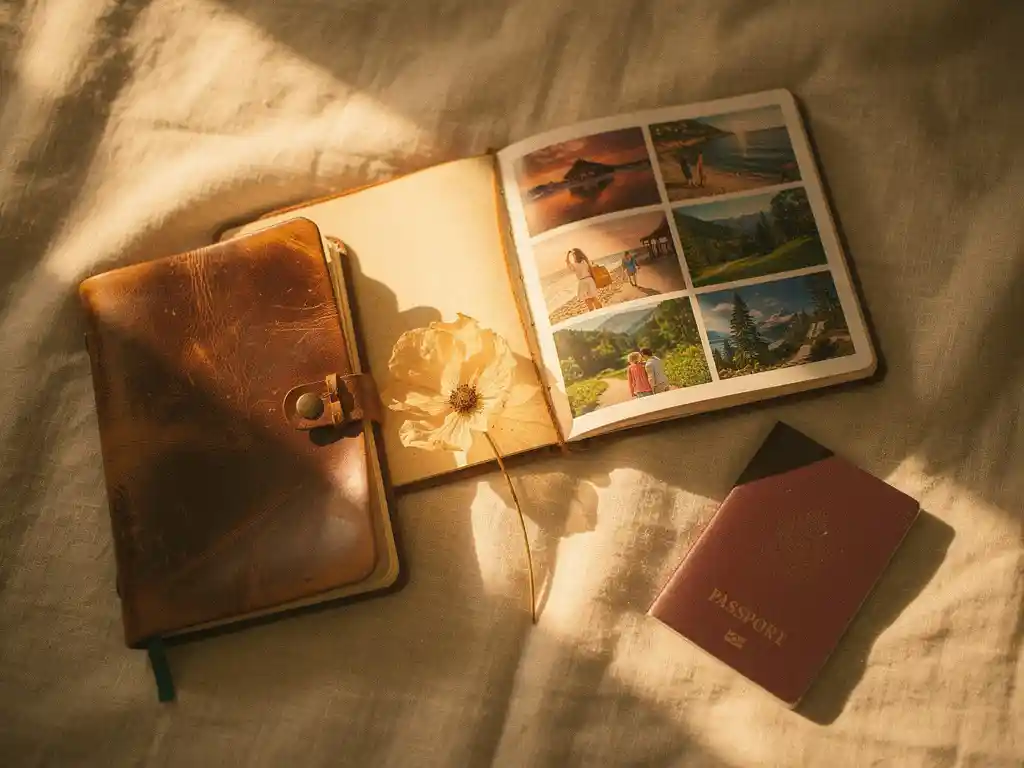 Worn leather travel journal open beside a vacation photo book, with a pressed flower and passport on linen in warm golden light.