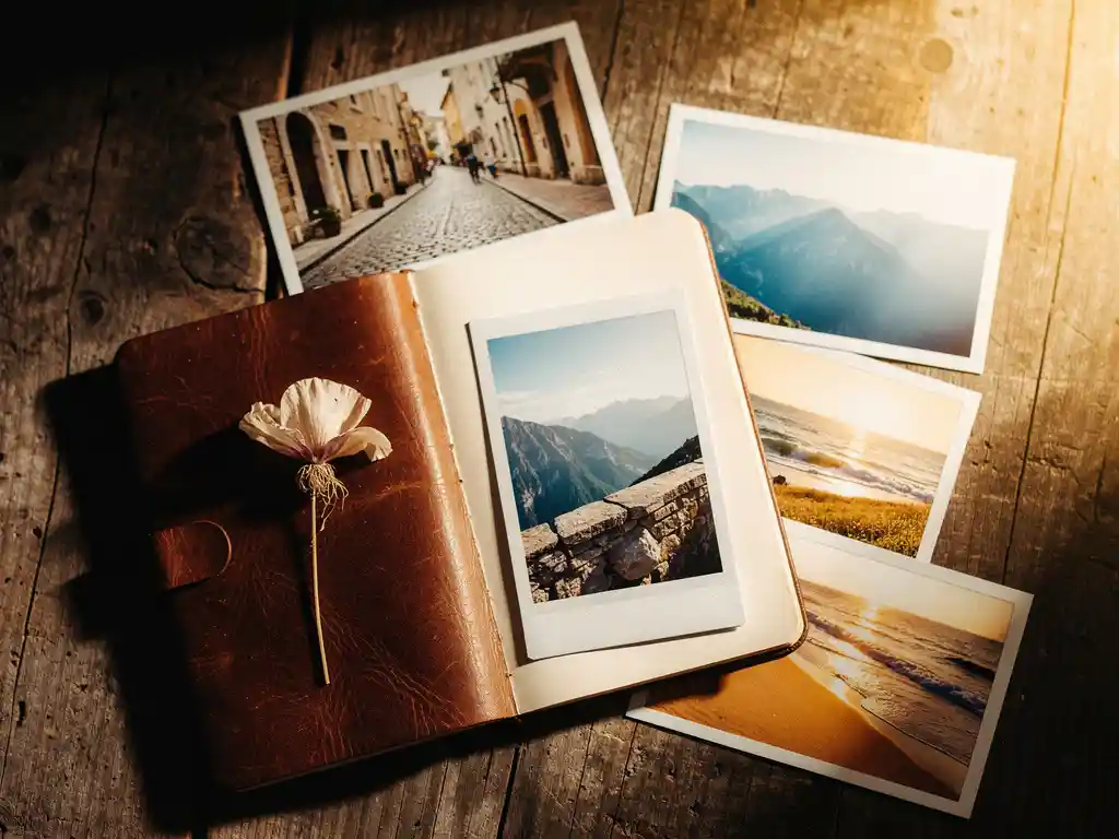 Worn leather travel journal open on a rustic wooden table with Polaroid landscape photos and a dried flower pressed between pages.