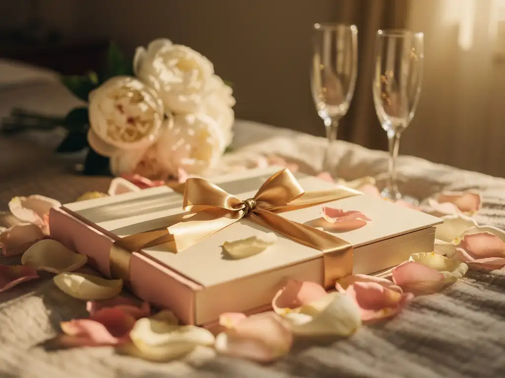 Wrapped photo book tied with satin ribbon on rose petals, with champagne flutes and white peonies in soft golden bedroom light.
