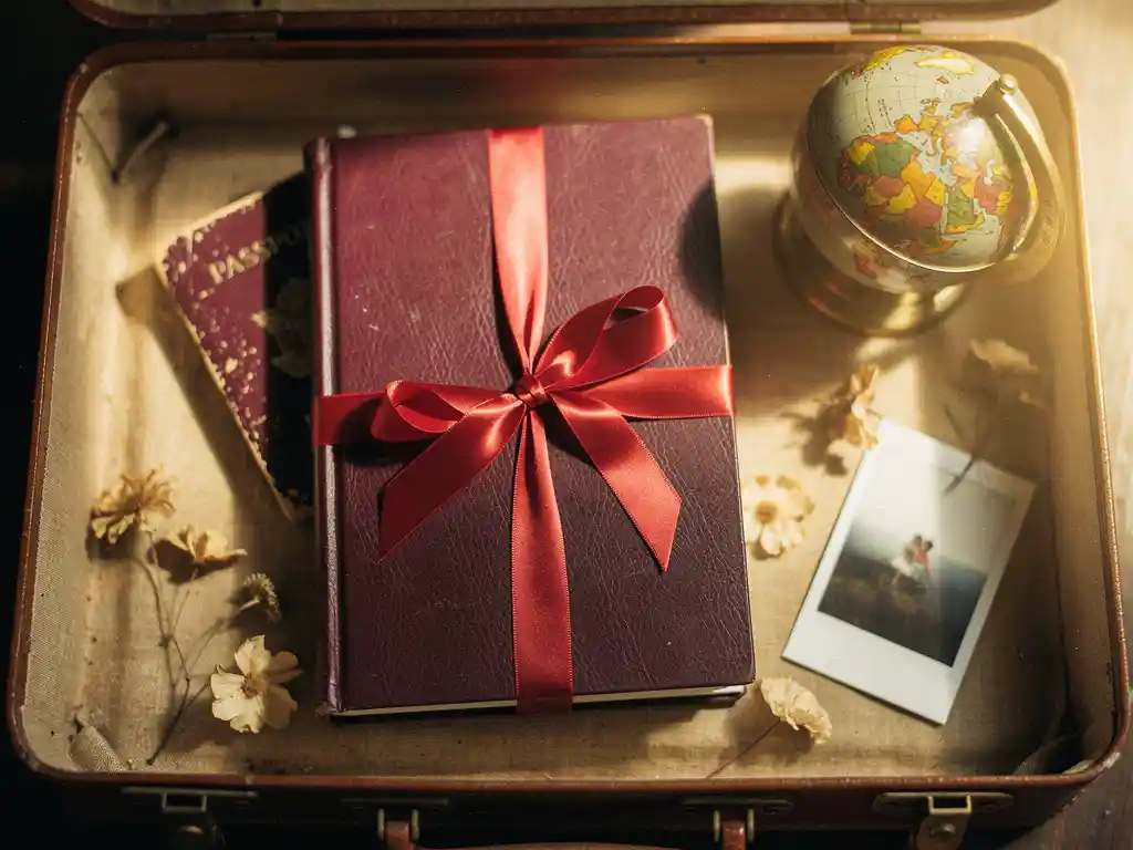 Photo book tied with red ribbon in a vintage suitcase, surrounded by a passport, globe, dried flowers, and polaroid in warm golden light.