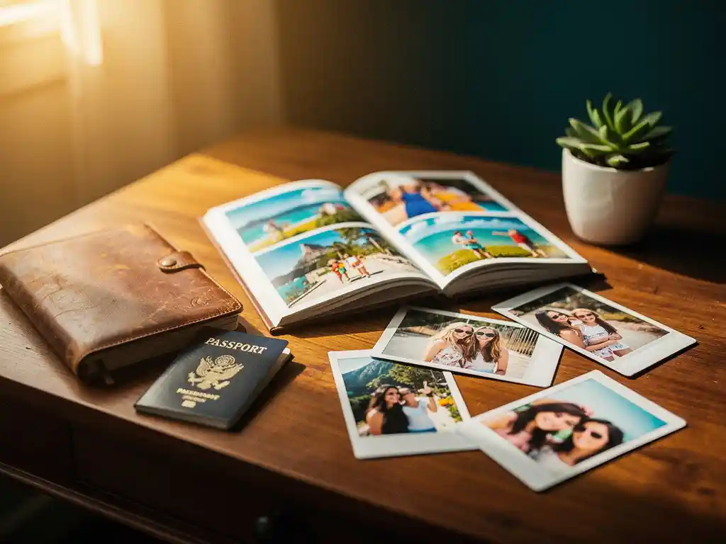 Worn leather travel journal and passport beside an open vacation photo book, Polaroid prints, and a succulent on a sunlit wooden desk.