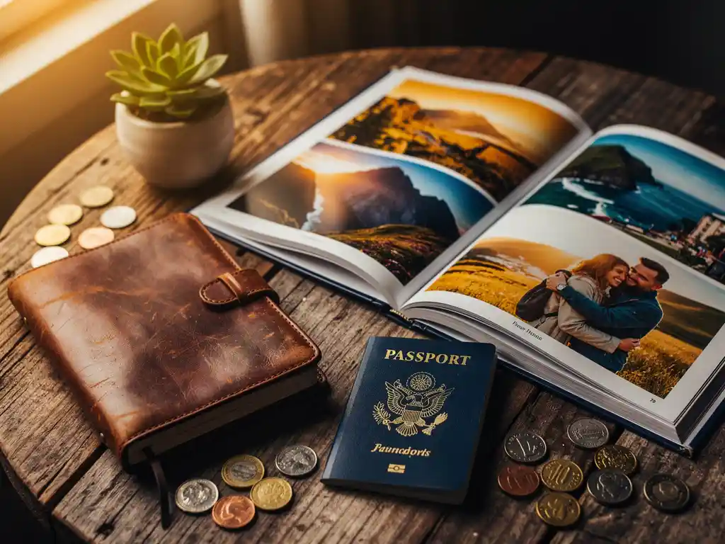 Abgenutztes Reise-Tagebuch aus Leder und ein historischer Reisepass neben einem aufgeschlagenen Fotobuch mit Landschaften zur goldenen Stunde und Schnappschüssen eines Paares, dazu Münzen und eine Sukkulente auf rustikalem Holz.