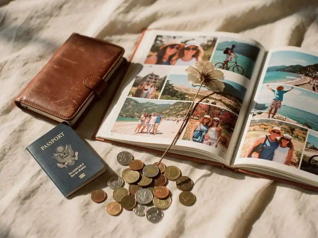Worn leather travel journal, passport, and foreign coins beside an open photo book with vacation snapshots and a pressed dried flower in warm afternoon light.