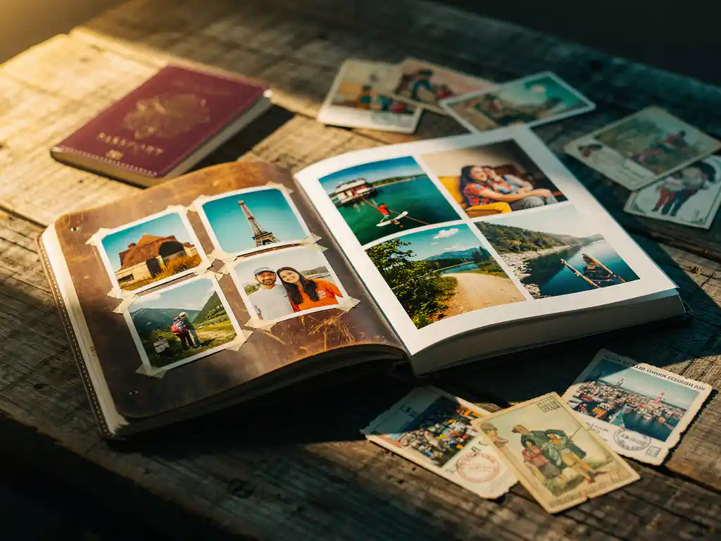 Worn leather travel journal and open photo book on rustic wood table with passport, vintage postcards, and golden afternoon light.