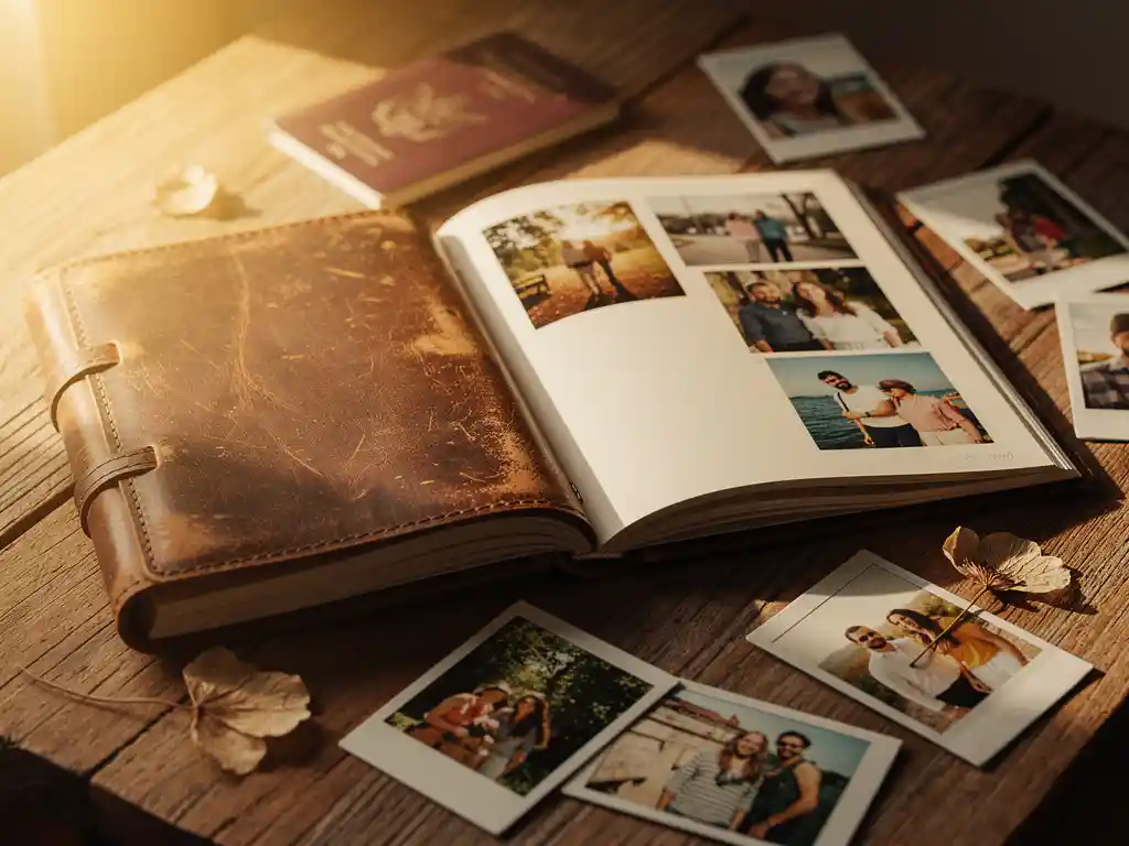 Worn leather travel journal and open photo book on a sunlit wooden table, surrounded by Polaroid photos, a faded passport, and a dried pressed flower.