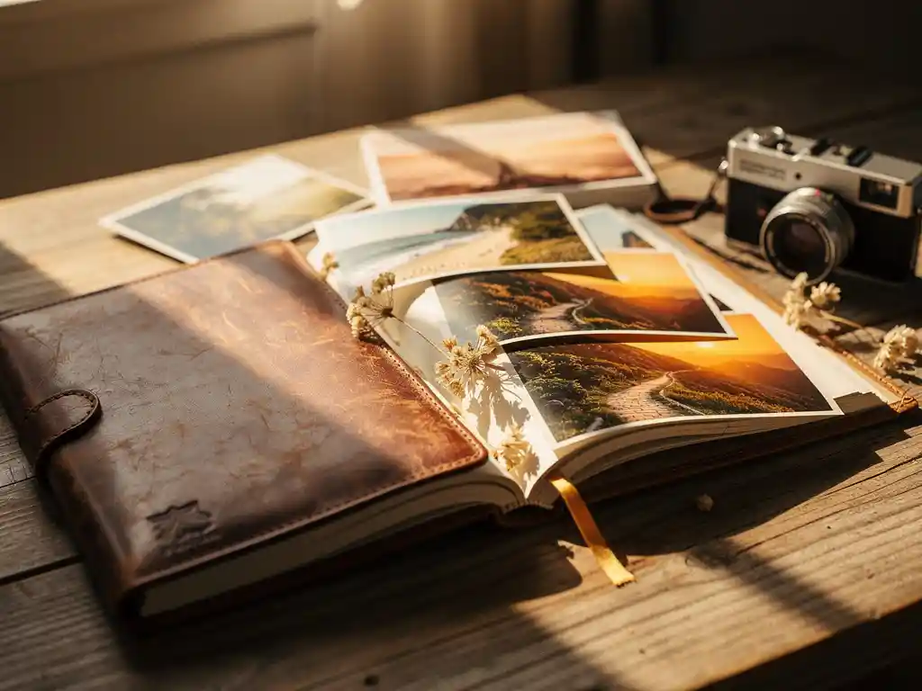 Worn leather travel journal and open photo book on a sunlit wooden table with vacation snapshots, dried flowers, and a disposable camera.