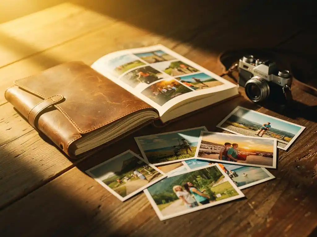Worn leather travel journal open beside a photo book with vivid snapshots, vintage camera, and scattered photos on a warm wooden table in golden afternoon light.