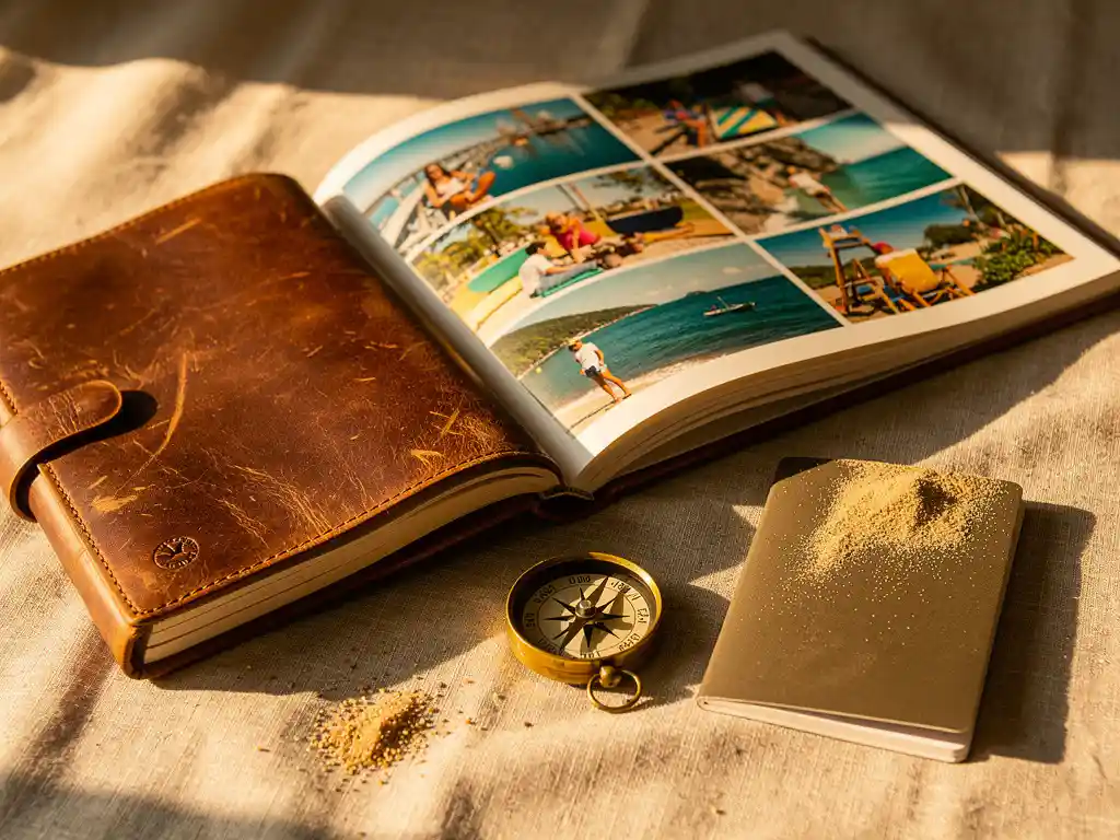 Worn leather travel journal open beside a vacation photo book, vintage compass, and sandy passport on linen in warm golden light.
