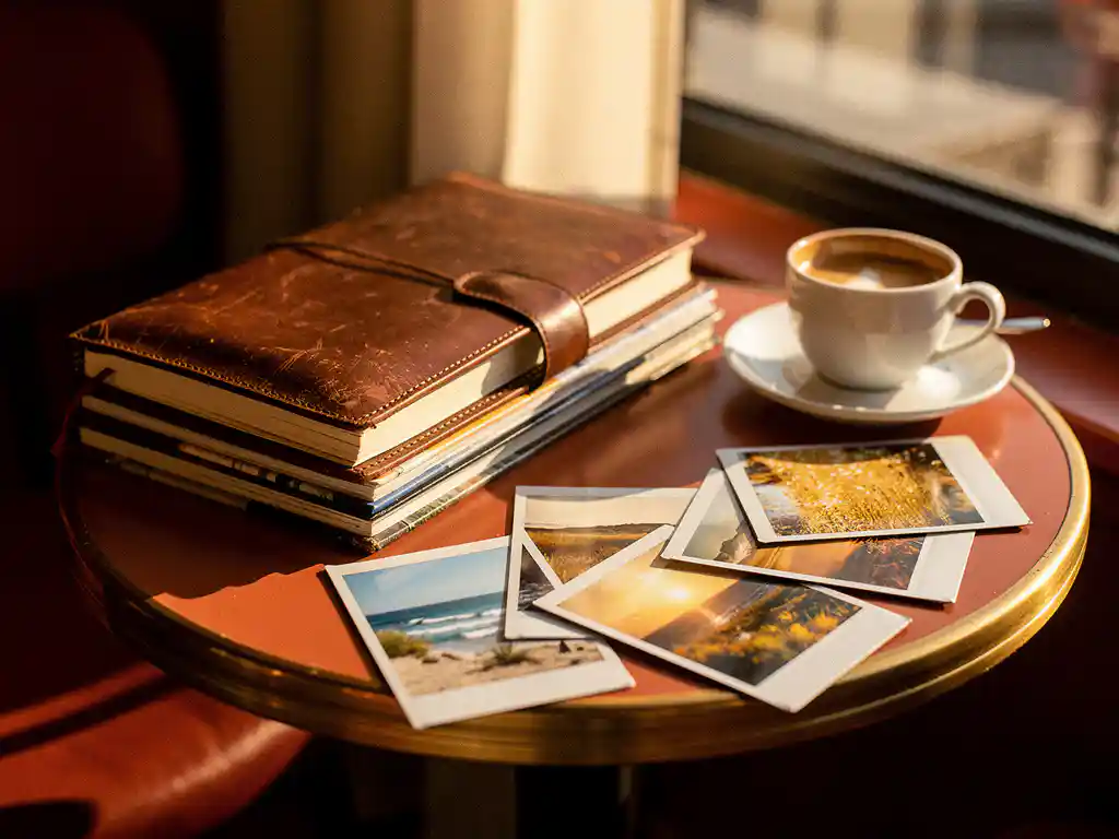 Abgenutztes Lederreisejournal und Fotobücher auf einem sonnenbeschienenen Cafétisch mit Polaroids von Küstenlinien, einer Espressotasse und warmem goldenem Licht der Stunde.