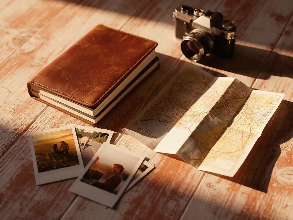 Worn leather travel journal, photo books, and vintage camera flat lay with polaroid prints and folded map in warm golden-hour light.