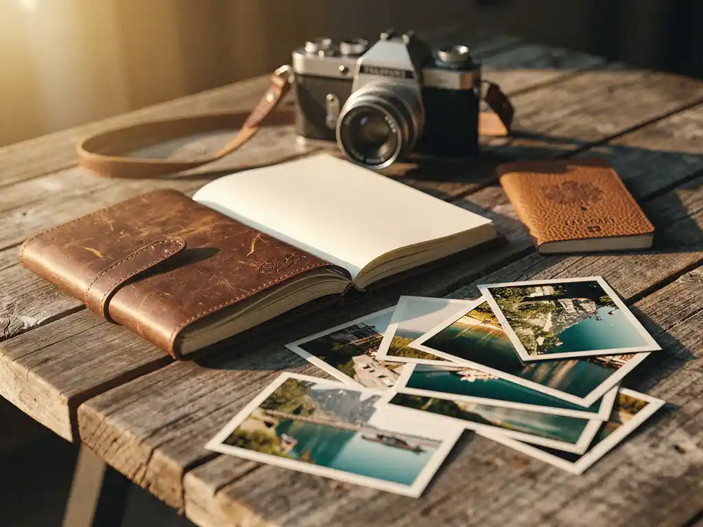 Worn leather travel journal open beside printed travel photos, vintage camera, and passport on a rustic wooden table in warm golden-hour light.