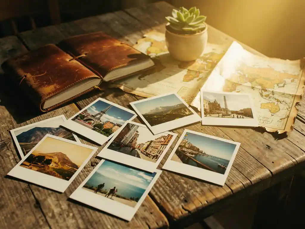 Worn leather travel journal open on a rustic wooden table with Polaroid photos, vintage map, and succulent in warm golden light.