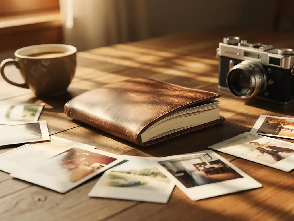 Diário de couro desgastado aberto em uma mesa de madeira iluminada pelo sol, ao lado de fotos polaroid, uma câmera antiga e uma xícara de café em uma luz morna da tarde.